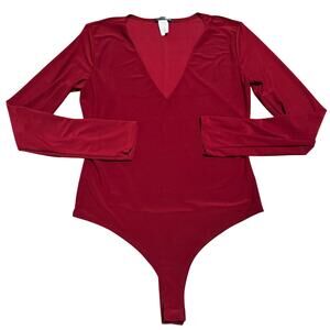 Fashion Nova Burgundy Long Sleeve Deep V-Neck Thong Bodysuit Fits Womens S/M